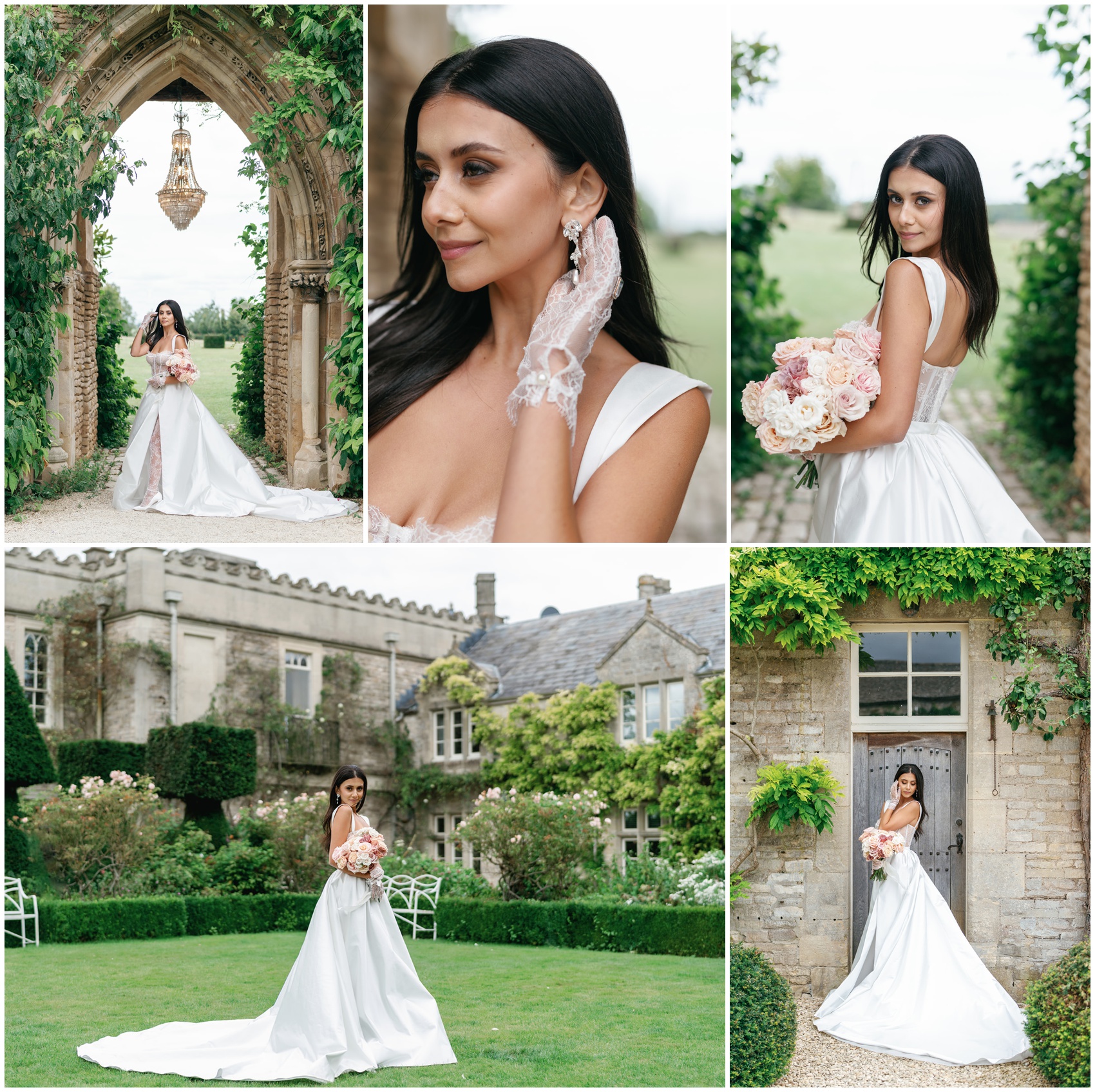 A bride explores the gardens of her English manor wedding venue with a pink bouquet