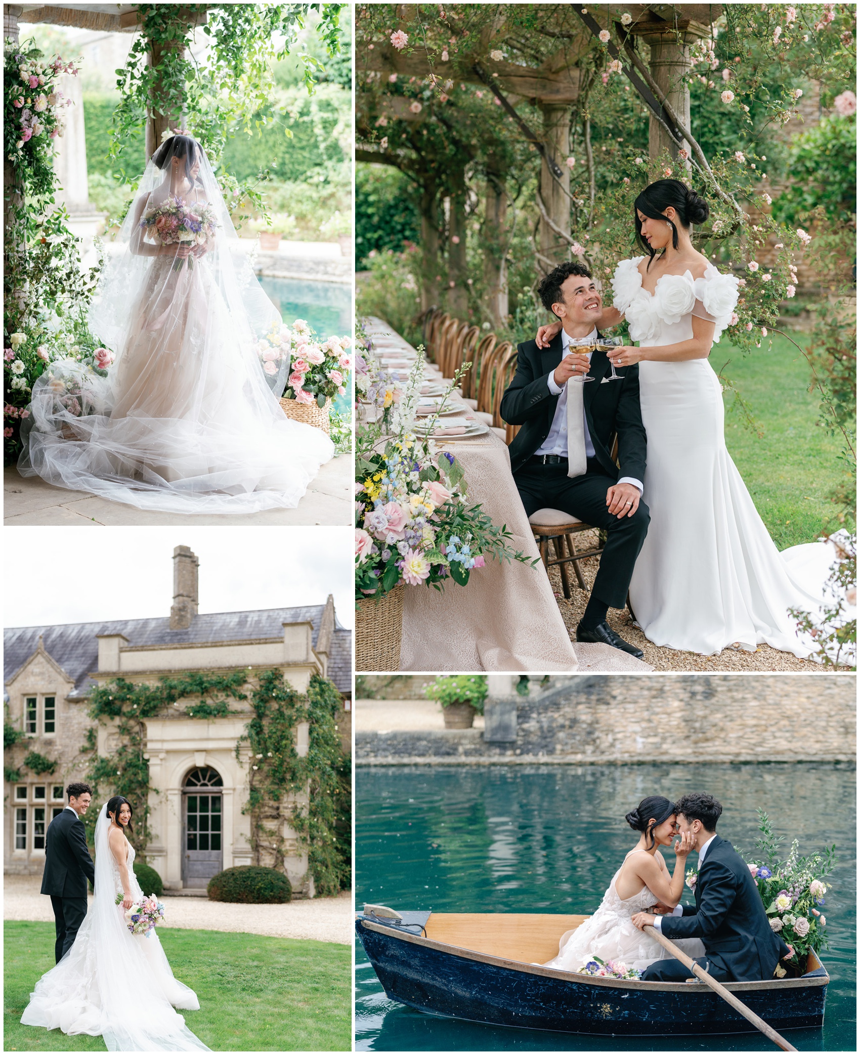 A collage of wedding portraits in the garden and pond of a couple's Euridge Manor wedding