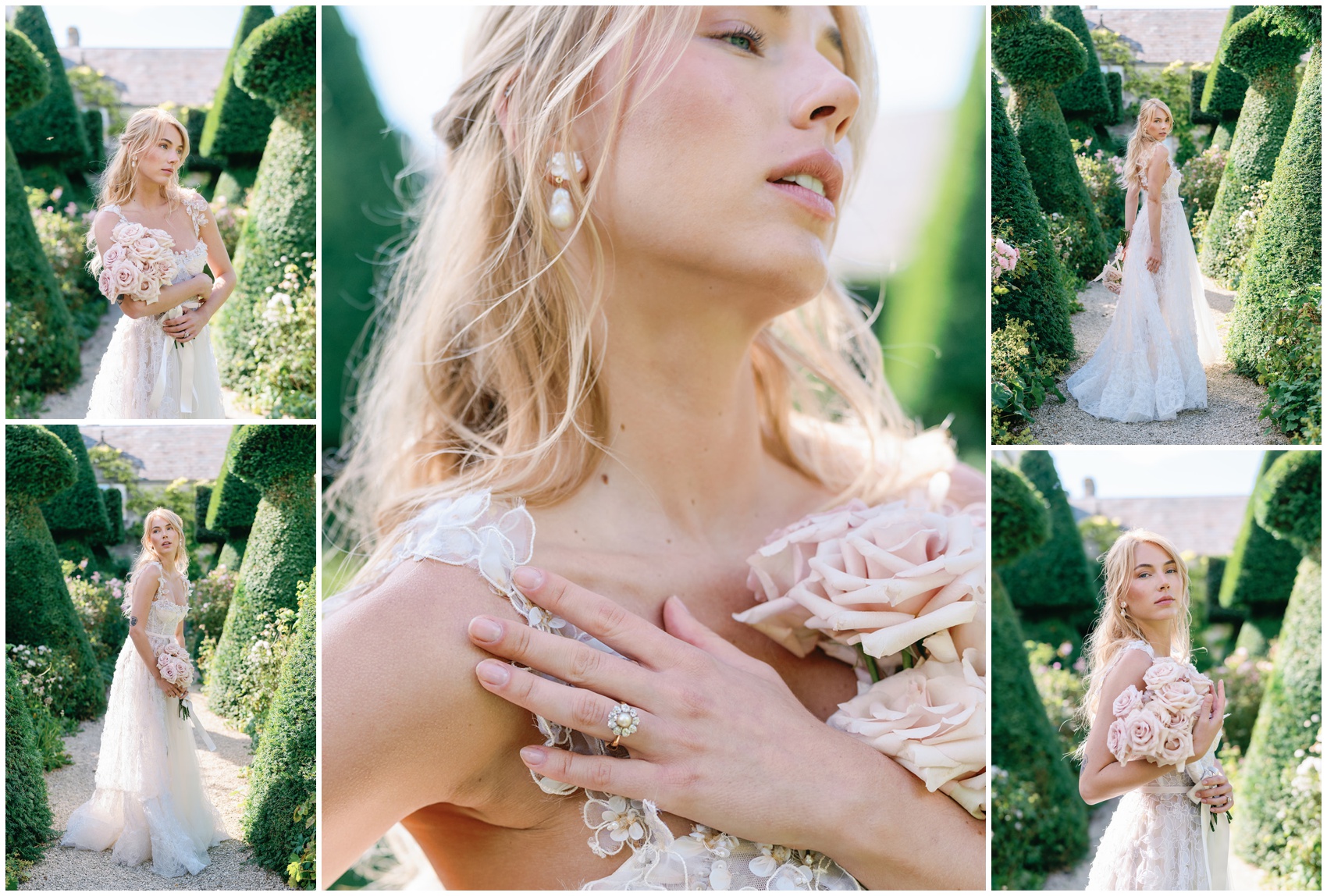 A collage of a bride walking through an ornate garden with her pink bouquet