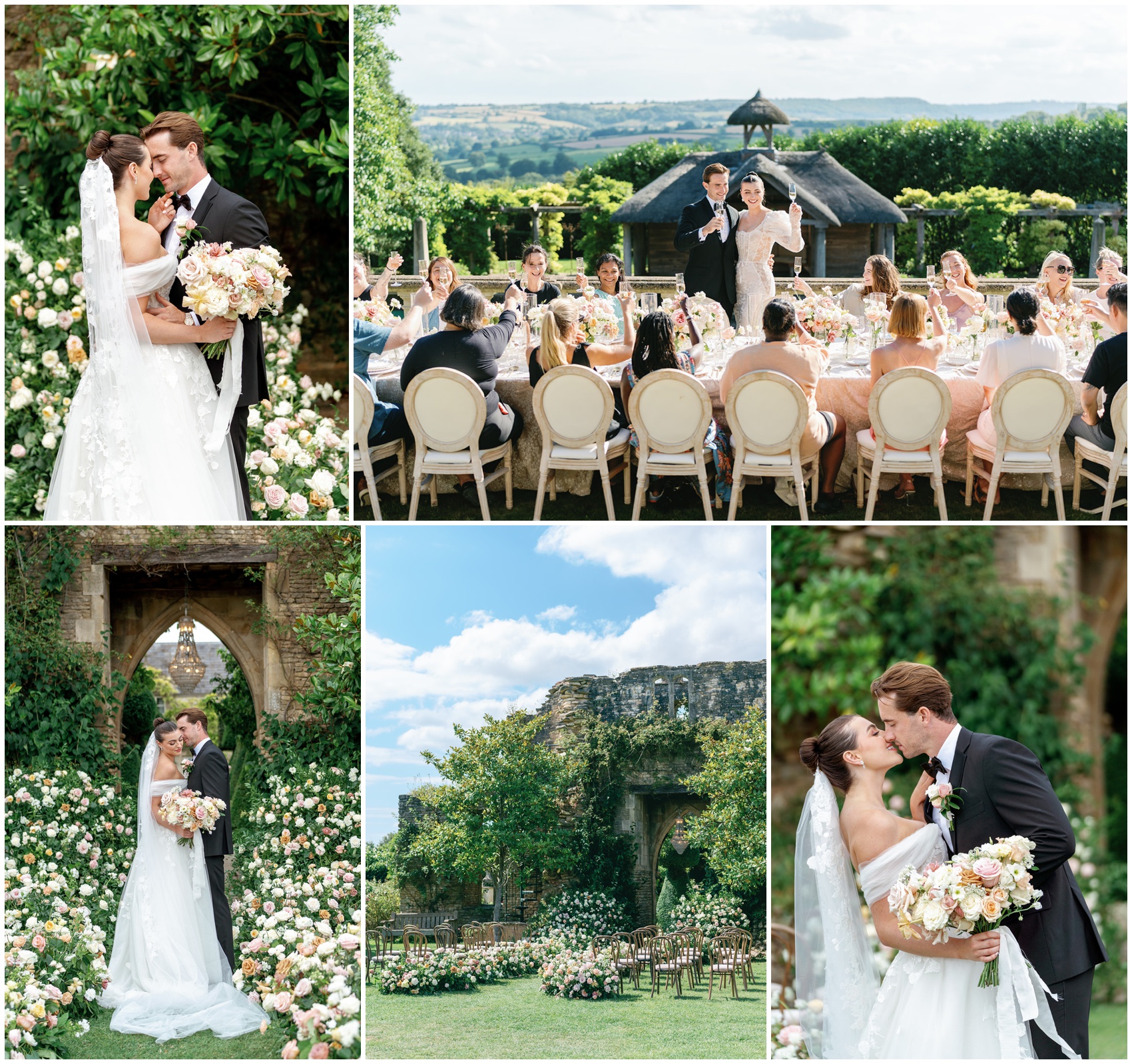 Collage of newlyweds kissing and toasting in the gardens full of flowers of their Euridge Manor wedding