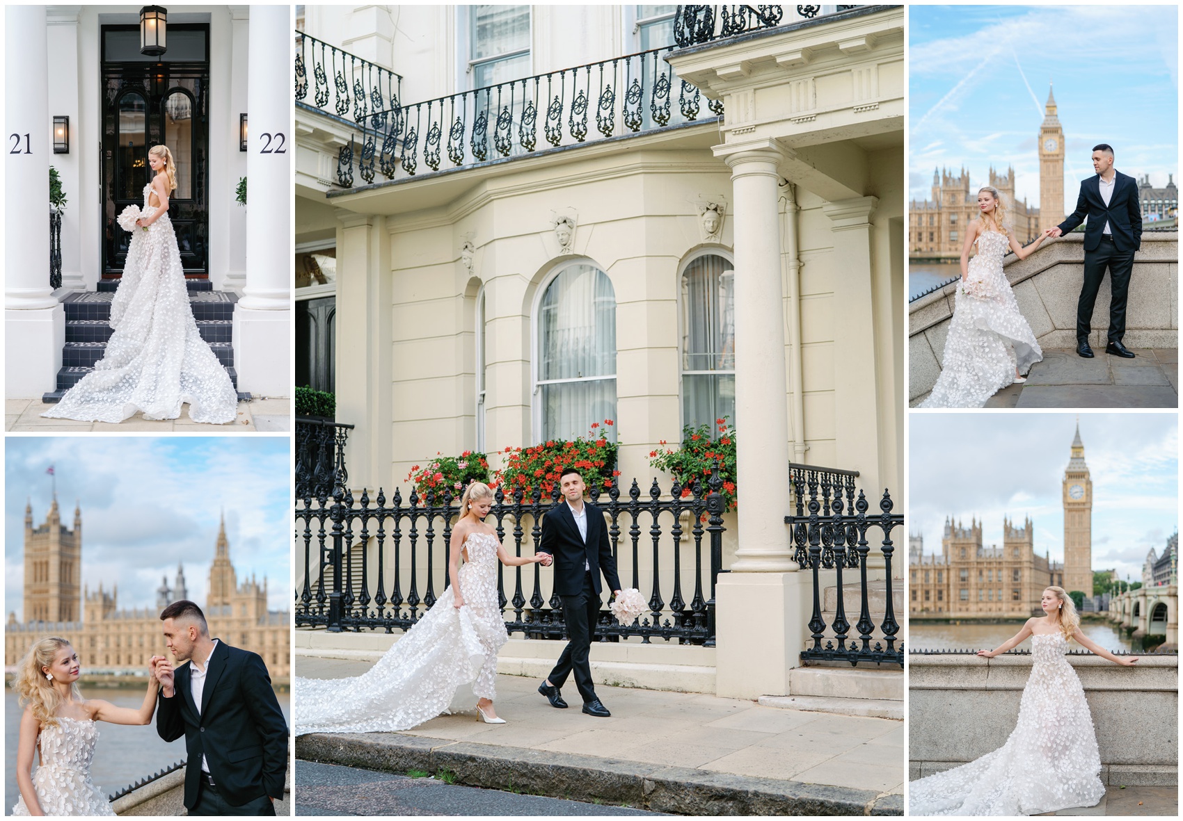 A collage of images of a bride and groom walking the streets of London holding hands and kissing