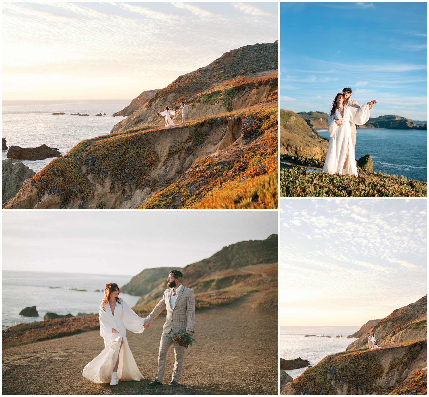 Four images of a couple dancing and walking on cliff trails holding hands by a destination wedding photographer