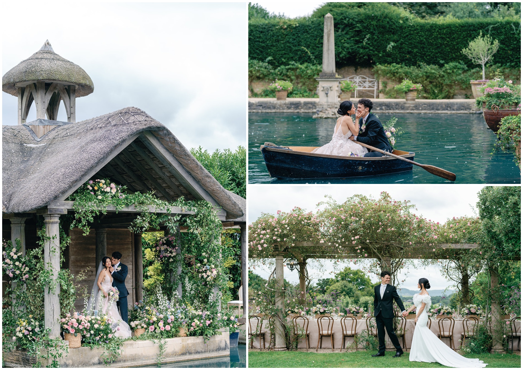 A collage of wedding portraits in the garden and pond of a couple's wedding by their destination wedding photographer