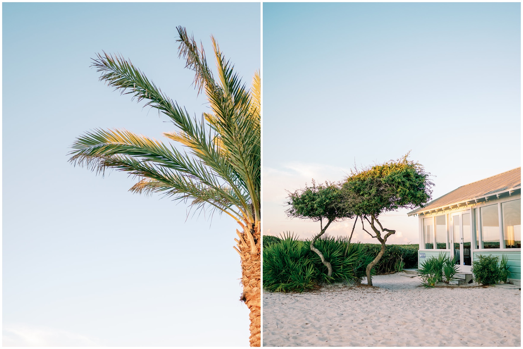 Two images featuring a palm tree and a beach shack at sunset