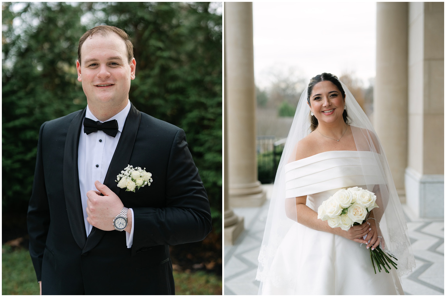 A bride smiles with her white bouquet next to the groom in a black tux holding his lapel
