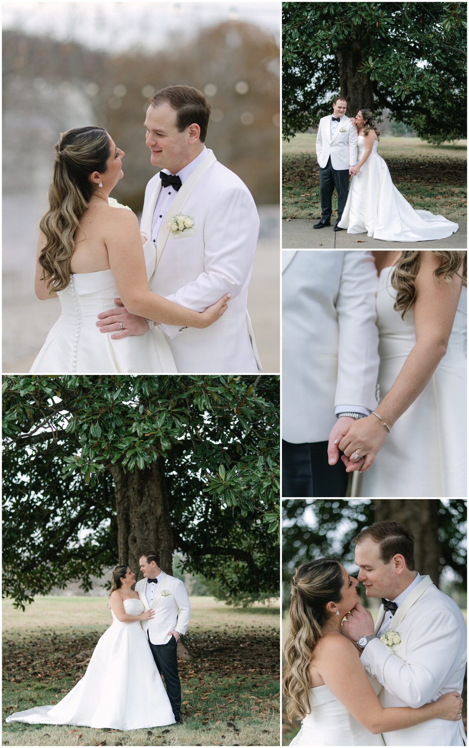 Newlyweds dance, snuggle and kiss under a magnolia tree at the Nichols Heir Wedding venue