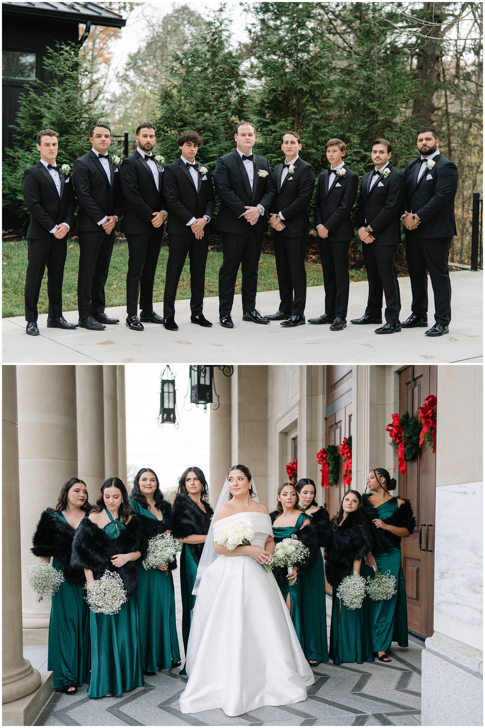 A bride and groom stand with their respective wedding parties