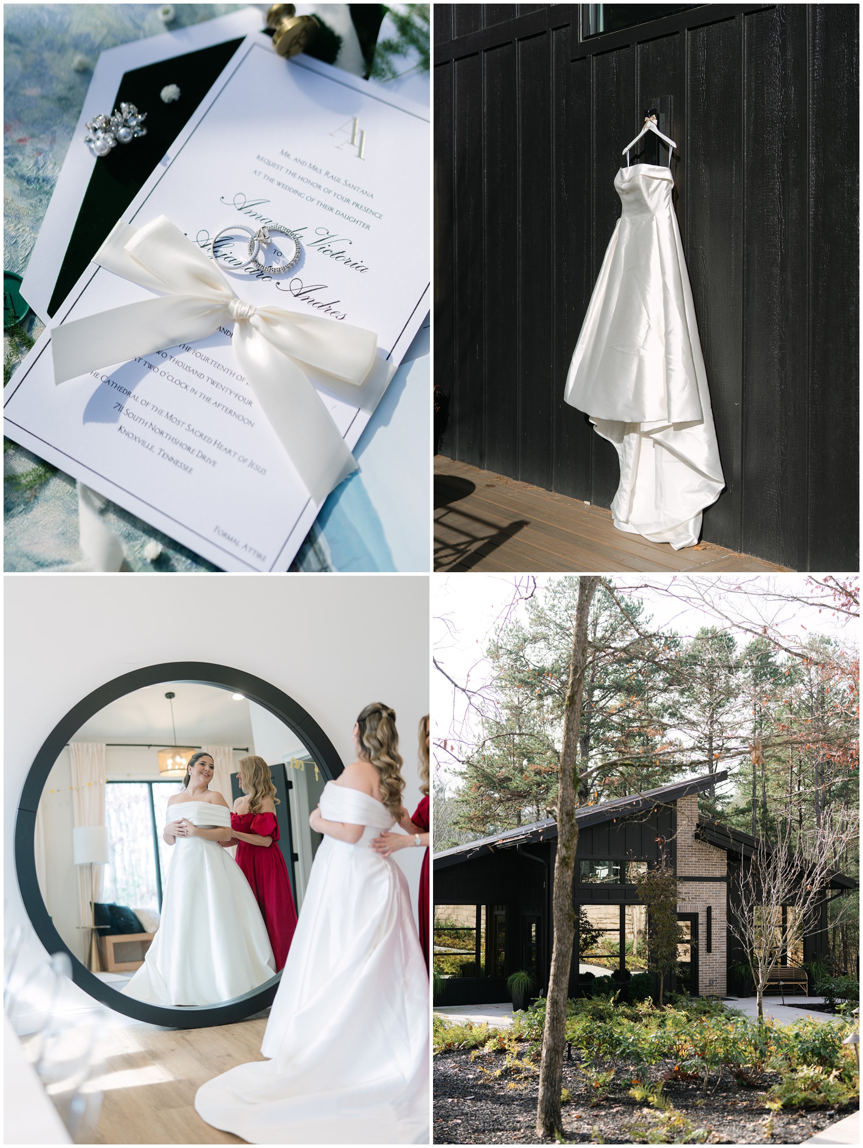 Details of a dress hanging and the getting ready suite of a Nichols Heir Wedding