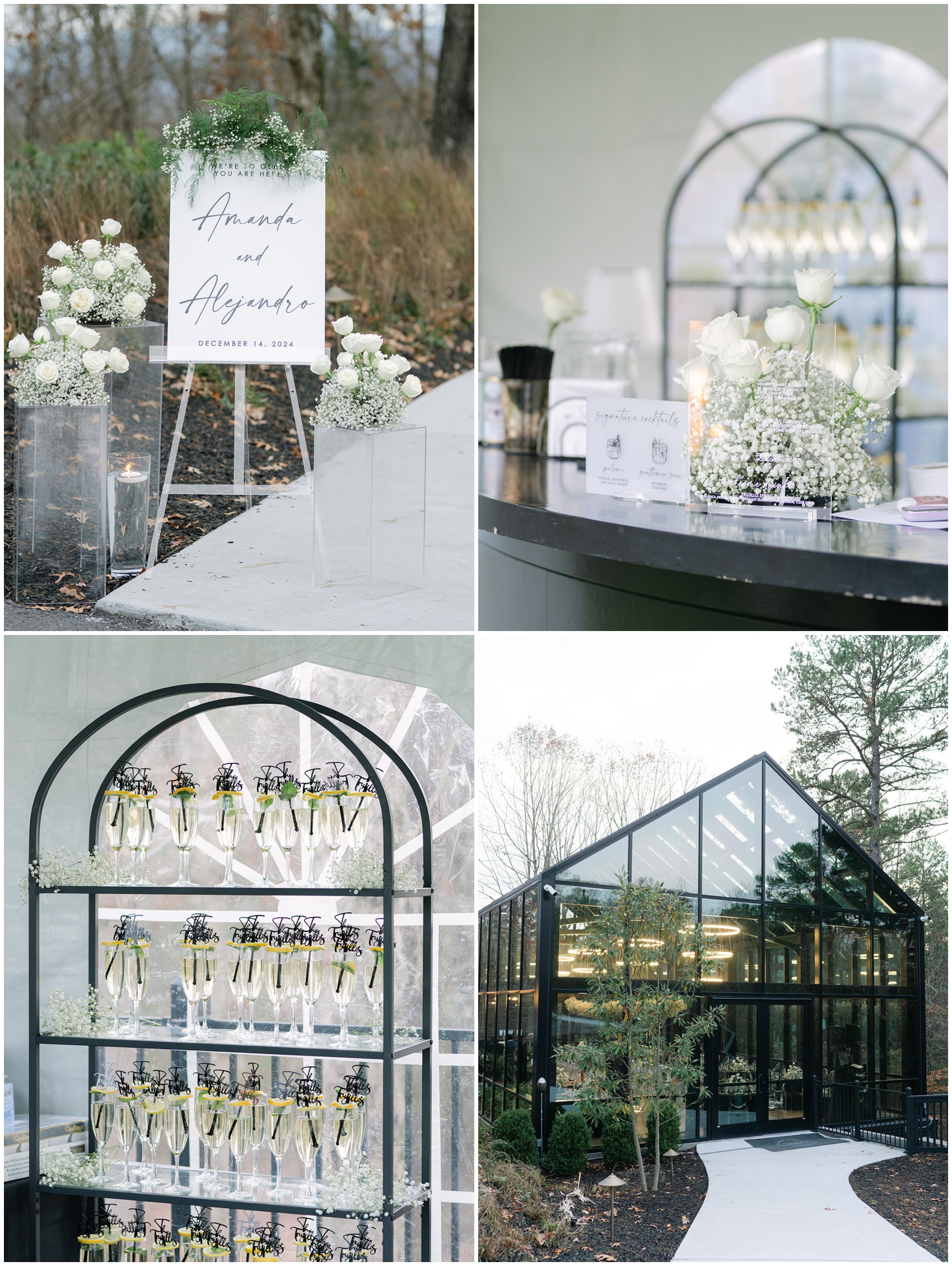 A collection of images from a luxurious wedding reception and ceremony with white florals