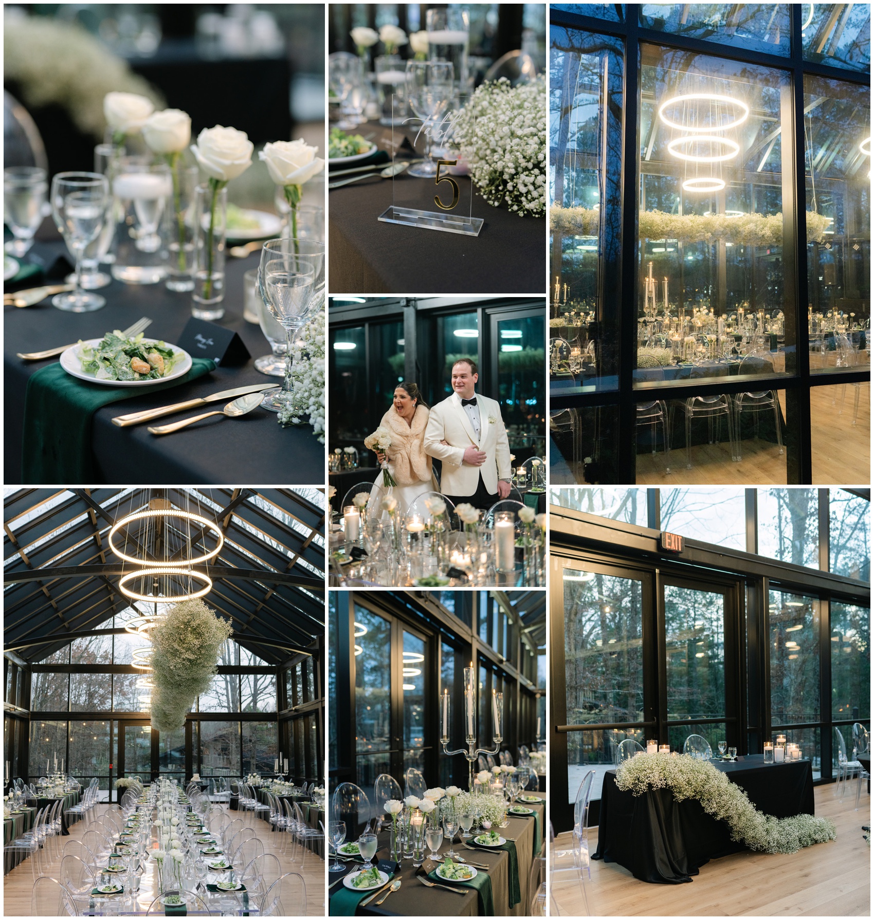 Details from a Nichols Heir Wedding reception set up with black linens and lots of florals cascading off the head table