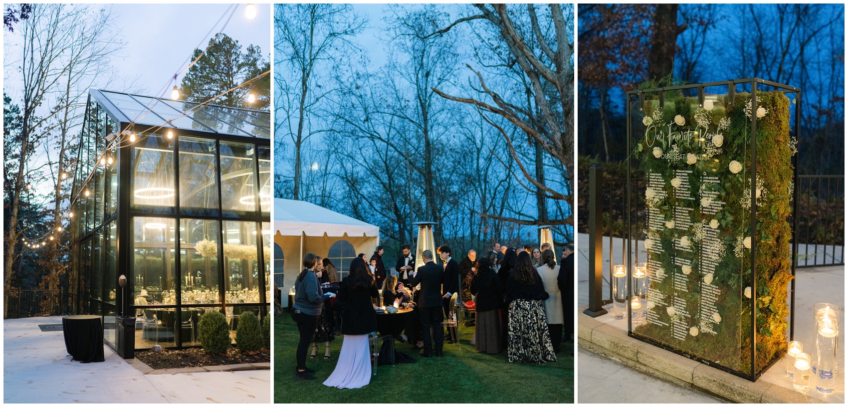 A collage of images from a twilight Nichols Heir Wedding reception with the glass greenhouse and a glass table assignment sign